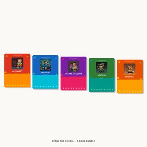 Puede incluir: Un conjunto de 5 libros educativos para la escuela. Cada libro presenta una ilustración de dibujos animados y un título: Alfabeto, Números, Formas y Colores, Escritura y Fonética. Los libros tienen fondos coloridos en naranja, azul, morado, verde y naranja.