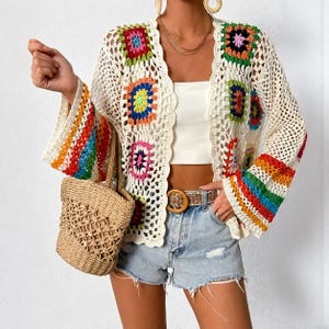 Vintage Boho Häkelstrickjacke für Damen, Colorblock-Patchwork, langärmelig, Sommer-Shuffle.