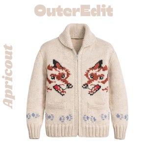 Könnte beinhalten: Cremefarbene Strickjacke mit Reißverschluss und zwei fuchsähnlichen Kreaturen auf der Vorderseite. Der Pullover hat einen Schalkragen, zwei Taschen und blaue Blumenmuster an Saum und Bündchen. Die Texte "OuterEdit" und "Apricout" sind sichtbar.