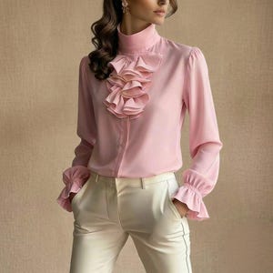 May include: A light pink long-sleeved blouse featuring a high collar and a vertical row of cascading ruffles down the front. The blouse has long sleeves with gathered, ruffled cuffs and is paired with cream-coloured trousers that have a straight-leg fit.