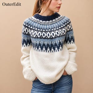 Women's Nordic Knit Sweater – Warm Round Neck Color Block Oversized Pullover for Fall & Winter