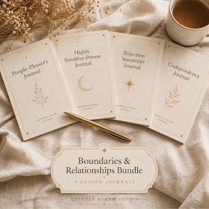 May include: Four cream-colored journals titled People-Pleaser's Journal, Highly Sensitive Person Journal, Rejection Sensitivity Journal, and Codependency Journal. A gold pen rests on them, with a label reading Boundaries & Relationships Bundle.