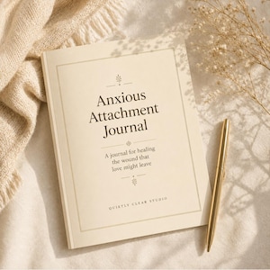 May include: A cream-coloured journal with a rectangular border and dark brown text that reads Anxious Attachment Journal, A journal for healing the wound that love might leave, and QUIETLY CLEAR STUDIO, accompanied by a gold-toned metal pen.