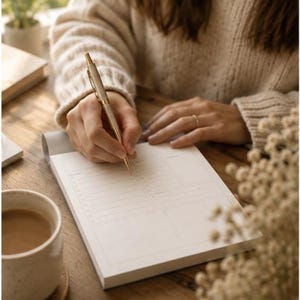 May include: A cream-colored notepad with a daily planner layout is being written on with a gold pen. A cup of coffee sits to the left of the notepad. The scene is set on a wooden table.