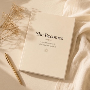 May include: A cream-colored journal with the title She Becomes A manifestation & visualization journal printed in dark brown text on the front cover, accompanied by a gold-toned pen and a small sprig of dried baby's breath flowers.