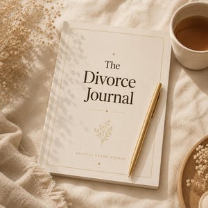 May include: A cream-colored journal with the text The Divorce Journal printed in dark brown, featuring a gold pen resting on the cover, a small floral line drawing, and the text Quietly Clear Studio at the bottom, all set on a textured fabric.