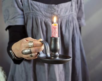 Hand-Thrown Ceramic Taper Candle Holder | Aged Metal Look, Gothic Rustic Decor