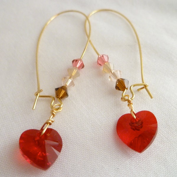 Red crystal heart dangle earrings with pink and white crystals