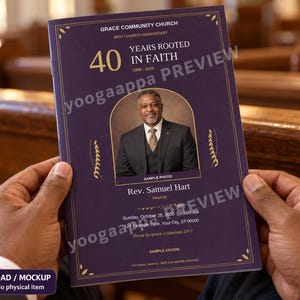 May include: A purple church anniversary programme booklet featuring the text Grace Community Church, 40 Years Rooted In Faith, 1986-2026, and a portrait of Rev. Samuel Hart. The cover includes gold decorative accents and event details.