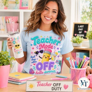 Lifestyle mockup of a smiling woman wearing a light blue shirt with the Teacher Mode Off hello summer design in a bright classroom-inspired setting.