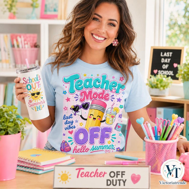 Lifestyle mockup of a smiling woman wearing a light blue shirt with the Teacher Mode Off hello summer design in a bright classroom-inspired setting.