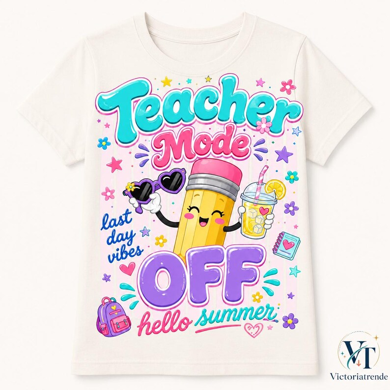Clean product preview of a white shirt displaying the Teacher Mode Off hello summer design on a simple background.