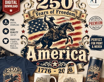 Western Patriotic Cowboy Horse Rider PNG Digital Download America 250 Years Freedom Design