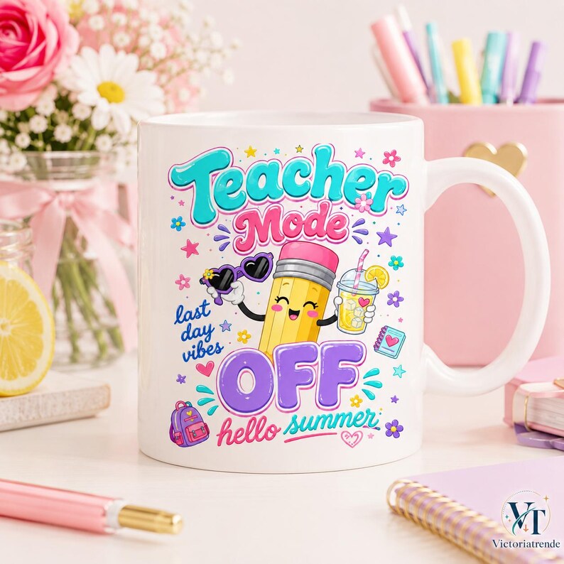 White ceramic mug mockup featuring the colorful Teacher Mode Off hello summer design in a soft pastel desk setting.