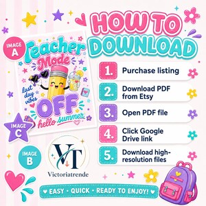 How to download infographic for a Teacher Mode Off digital PNG design showing the steps to purchase the listing, download the PDF from Etsy, open the PDF file, click the Google Drive link, and download the high-resolution files.