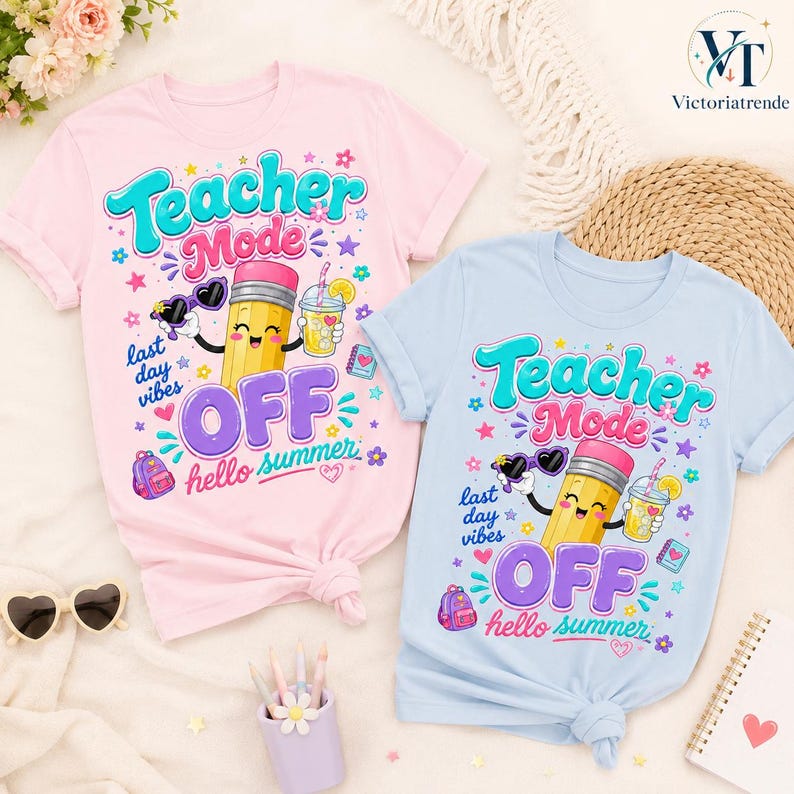 Shirt color variation mockup showing the Teacher Mode Off hello summer design on pink and light blue shirts.