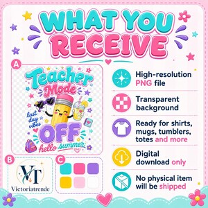 What you receive infographic for a Teacher Mode Off PNG digital download showing a high-resolution PNG file, transparent background, usage for shirts mugs tumblers totes and more, and digital download only details.