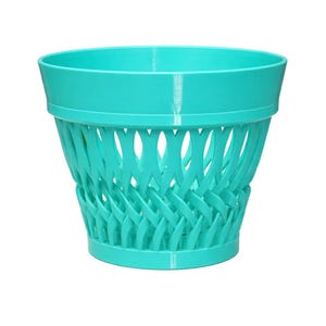 May include: A turquoise-colored planter with a woven basket design. The planter has a wide rim and a base, with a lattice-like pattern forming the body. The design is consistent throughout the planter.