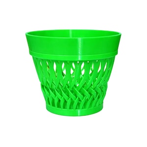 May include: Bright green woven-style planter pot. The pot has a wide top and a woven basket design around the sides. The planter is made of a solid, bright green material and is suitable for indoor or outdoor use.