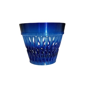 May include: A blue decorative planter with a woven design. The planter has a gradient color, transitioning from a darker blue at the base to a lighter shade at the top. The open weave allows for air circulation and drainage.