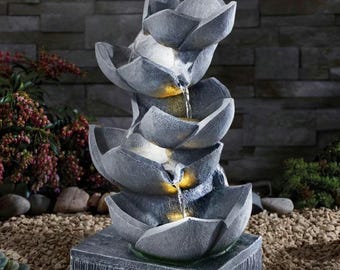 Solar Lotus Garden Fountain, 5 Tier Outdoor Water Feature, LED Waterfall Decor, Zen Patio Fountain, Backyard Relaxing Decor Gift