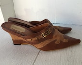 70s brown leather mules heels 9 vintage western pointy toe block heel cutout studded buckle shoes