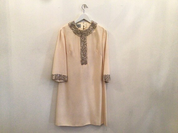 60s Cream Beaded Dress S/M / Vintage 