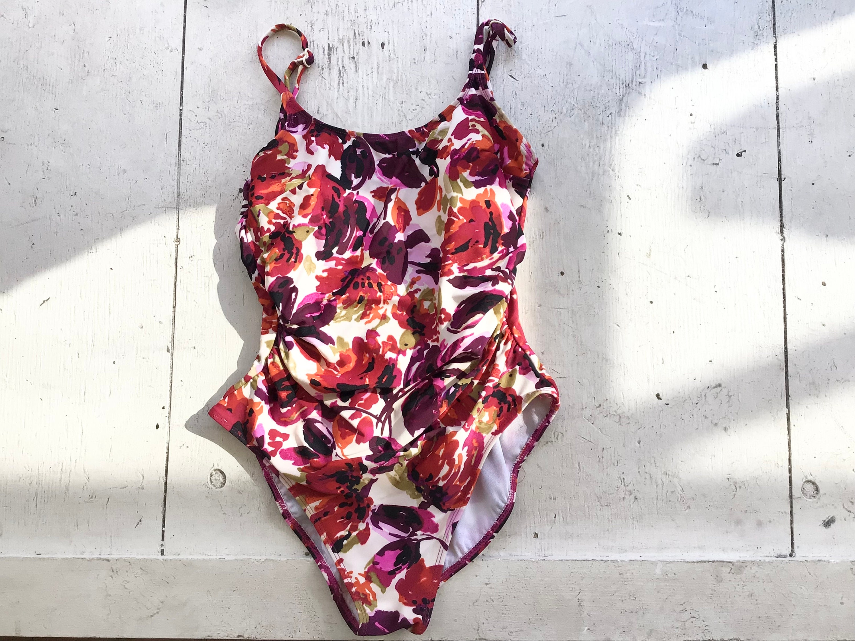 70s White Floral Bathing Suit S M Vintage Red Scooped Back Etsy
