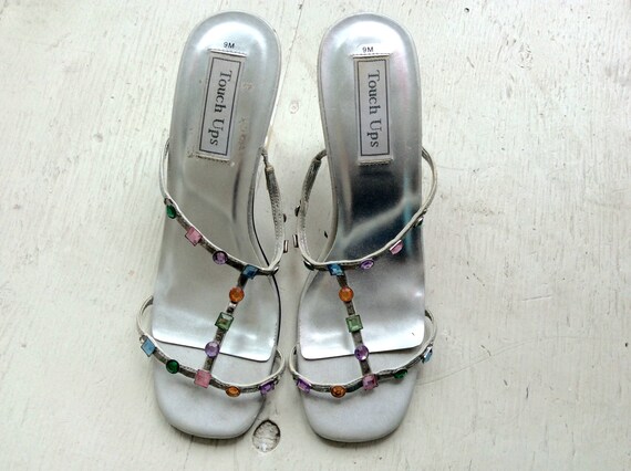 60s MOD Sandals 9 / Jeweled Sandals / T Strap Sand