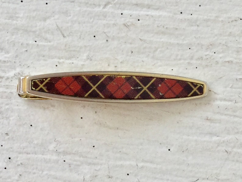 70s plaid tie clip vintage gold red tartan tie bar