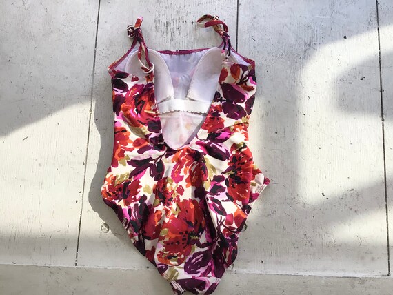 70s White Floral Bathing Suit S M Vintage Red Scooped Back Etsy