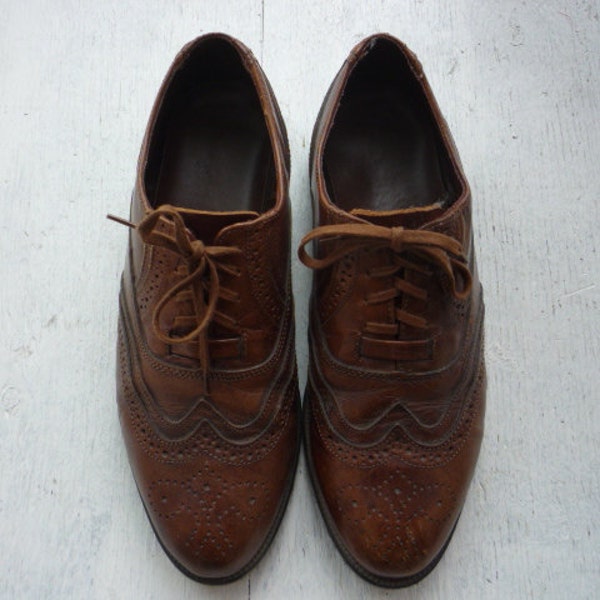 Men's Brown Leather Wing Tip Oxfords // Chestnut Brown Leather Oxford Shoes 8 (womens 9.5)