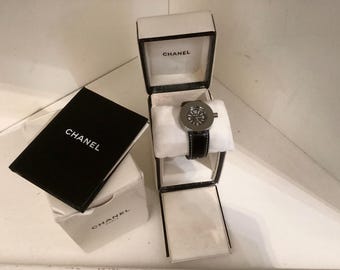 90s CHANEL black leather watch / vintage silver circle round designer stainless steel watch