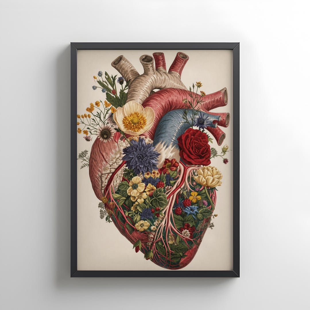 Floral Anatomical Heart Wall Art – Botanical Medical Illustration Print ...