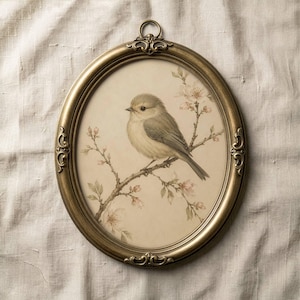 May include: An oval antique gold frame with ornate detailing houses a vintage print of a bird on a flowering branch. The print features soft, muted colours. The frame has a loop at the top for hanging. The overall style is reminiscent of a classic botanical illustration.