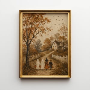 May include: A framed wall art print depicting a path leading to a house during autumn. Four figures in costumes, including two ghosts, a witch, and a child, walk along the path carrying orange pumpkin buckets. The scene features trees with brown leaves.