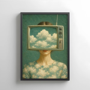 May include: Surrealist art print showing a person with a vintage television for a head, the screen displaying clouds. The person wears a teal floral top. The artwork is framed in a black frame.