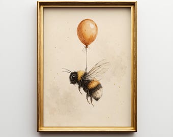 Lámina artística de abejorro, ilustración vintage de acuarela de estilo naturalista, descarga digital, abeja caprichosa con globo.