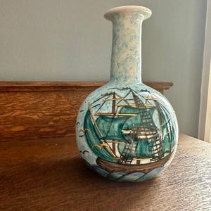 Hand Painted Greek Ship Vase Vintage Nautical Coastal Pottery Made Greece