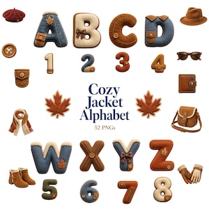 Puede incluir: Una colección digital titulada Cozy Jacket Alphabet que incluye 52 archivos PNG de letras y números con estilo de chaquetas de mezclilla y punto con botones, bolsillos y detalles de cuadros, junto a iconos de boina, sombrero, bufanda, botas, guantes y bolso.