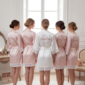 Può includere: Cinque vestaglie in raso con finiture in pizzo sulle maniche e sull'orlo. Quattro vestaglie sono rosa chiaro e una vestaglia centrale è bianca. Ogni vestaglia presenta un nome ricamato sul retro: Joanna, Joanna, Aveline, Salome e Samantha.