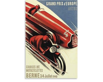 1948年ベルン・ヨーロッパグランプリ ヴィンテージレーシングポスタープリント、レトロなフォーミュラ1＆オートバイアート、赤と青の壁飾り