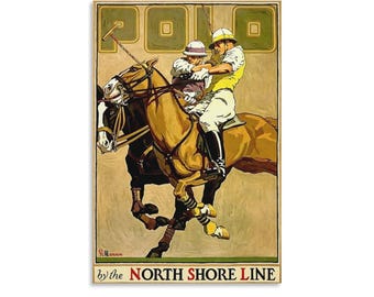 Vintage North Shore Line Polo Poster Print, Retro Equestrian Sports Art, Beige and Green Wall Decor