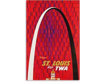 ヴィンテージTWAセントルイス旅行ポスタープリント、ミッドセンチュリーモダンゲートウェイアーチアート、赤と黄色の壁装飾