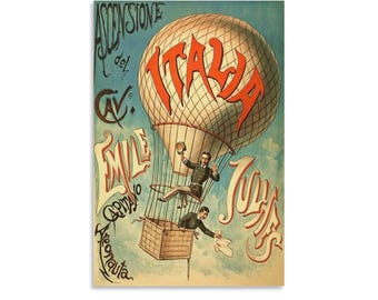 Vintage "Ascensione del ITALIA" Hot Air Balloon Poster Print, Retro Emile Tuffier Aeronaut Art, Blue and Red Wall Decor