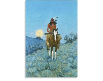 フレデリック・レミントン作「飢えた月」プリント、西部ネイティブアメリカン騎手絵画ポスター、ブルームーンライトウォールアート