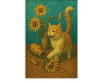 ゴッホ風ひまわり猫プリント、おもしろいオレンジ色の猫のアートポスター、風変わりなゴッホ風パロディウォールアート