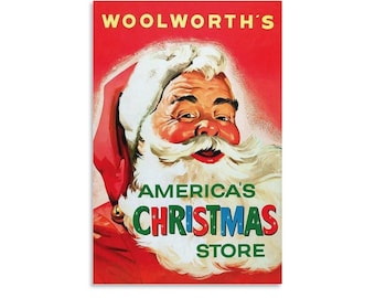 ヴィンテージのウールワースのクリスマスストアポスタープリント、レトロなサンタクロースのホリデーアート、赤と緑のお祝いの壁飾り