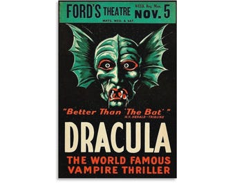 Vintage Dracula Stage Play Poster Print, Retro Vampire Horror Art, Black and Green Wall Decor