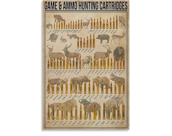 Pôster vintage com tabela de calibres de cartuchos de caça, guia de calibres de caça e munição, arte de parede retrô para decoração de caça.